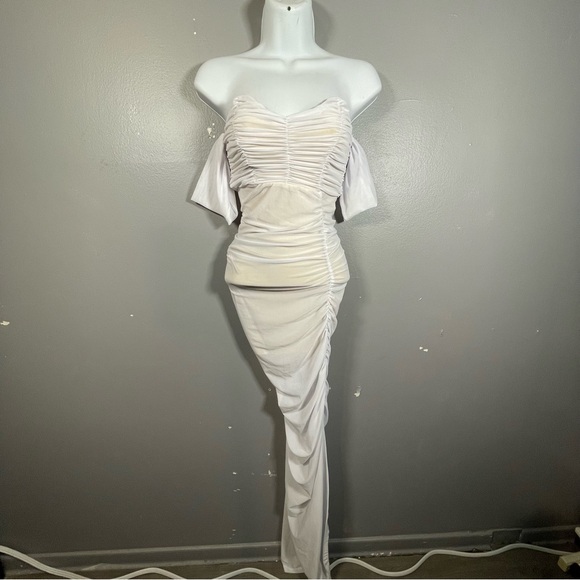 Indie XO Feeling Sultry Sheer Rutched Short Sleeve Off The Shoulder Dress White - Picture 5 of 8